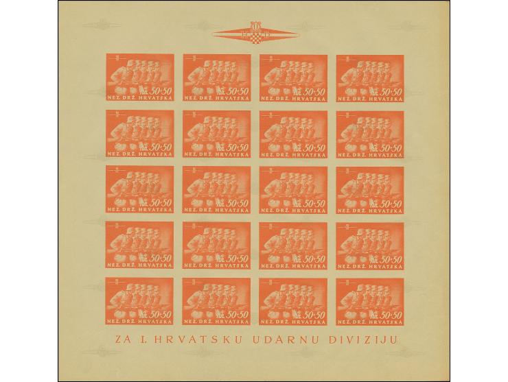 1945, Storm Division 50 k., imperforate first print proof in light orange, complete sheet of 20, mint never hinged, at bottom