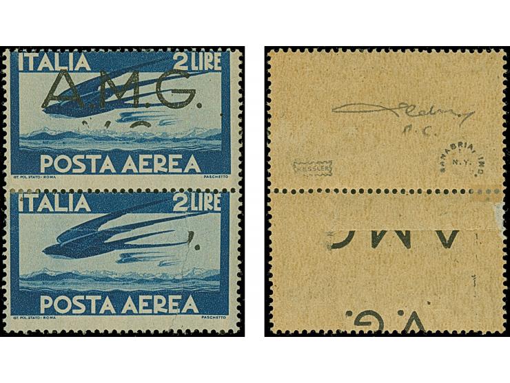 1946, 2 l. in vertical pair, the lower adhesive with variety “overprint on reverse” (due to a defective printing which left a