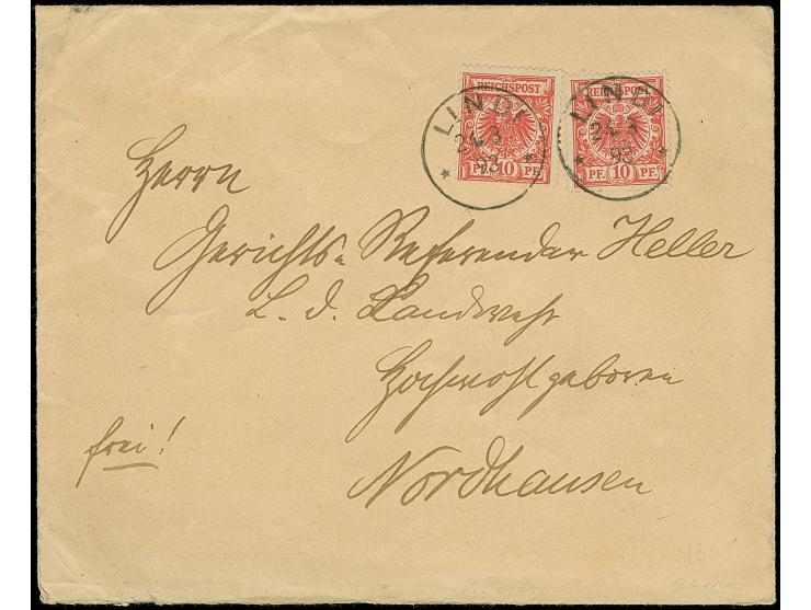 10 Pfg. lebhaftrosarot, 2 Einzelwerte, mit jeweils sauber aufgesetztem "LINDI 24 3 90" auf Briefkuvert nach Nordhausen, mit D