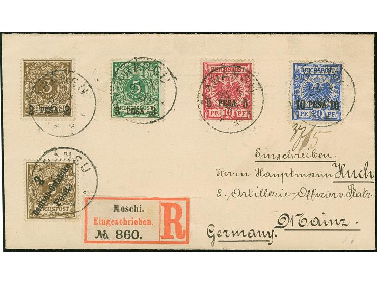 "MARANGU 24/4 99" sauber auf 1893, 2 - 10 P. und 1896, 2 P., auf kleinem R-Brief mit Aushilfs-R-Zettel von Moschi, an Huch, M