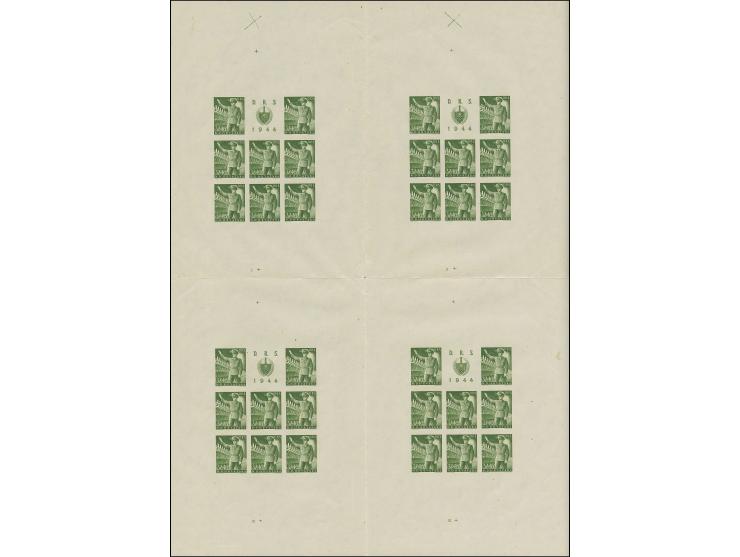 1944, State work service miniature sheet 32+16 k. as imperforate proof in original colour, complete printer's sheet with 4 mi