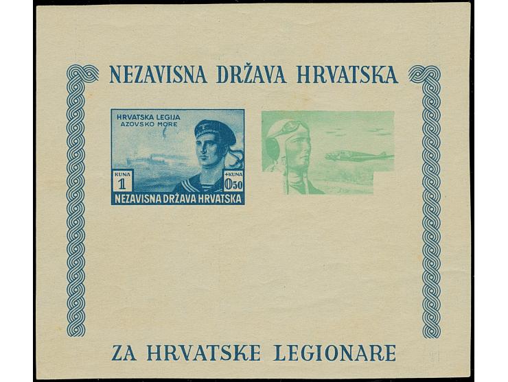 1943, Croatian legionnaire's souvenir sheet, imperforate proof, four different phase prints, mint never hinged, some with tin