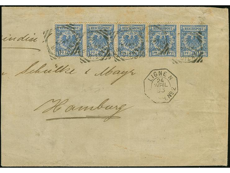 20 Pfg. im waagerechten 5er-Streifen, mit britischem Rechteck-Stempel "ZANZIBAR AP 16 93" auf nicht ganz komplettem Briefkuve