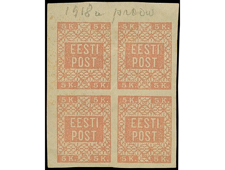 1918, Flower issue 5 kopeks rose, Proof printed white paper,block of four with large margins, no gum as issued, fine &nbsp;(H