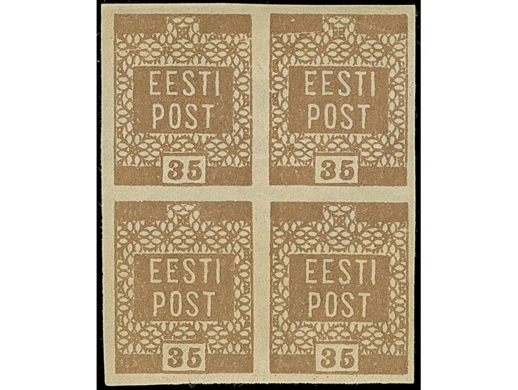 1918, Flower issue 35 kopeks brown, 2nd printing, block of four with full offset of printing on reverse, mint never hinged, v