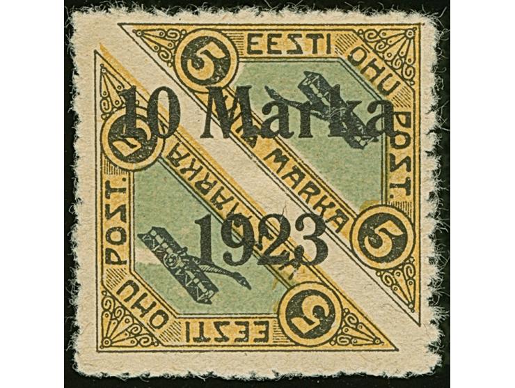 1923, Airmail 10 mark, Päevaleht perforation, with prominent plate flaw “missing green colour below Post”, a very rare stamp 