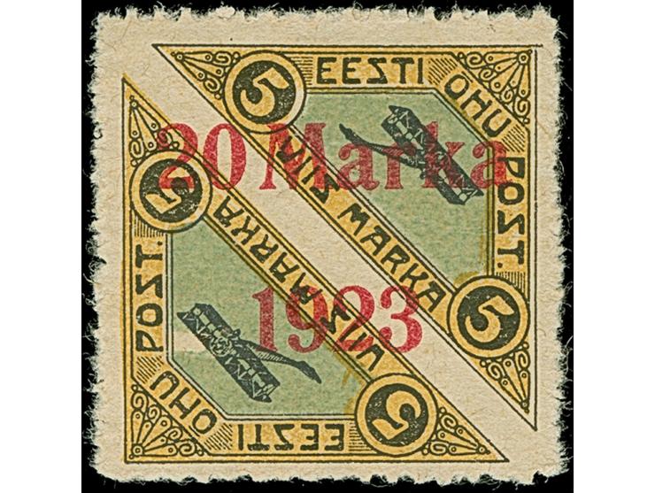 1923, Airmail 20 mark, Päevaleht perforation, with prominent plate flaw “missing green colour below Post”, a very rare stamp,