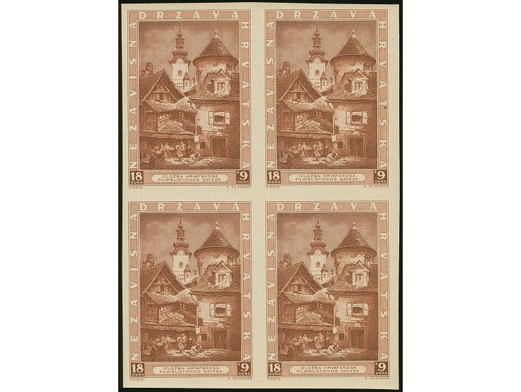 1943, 3rd. Stamp Exhibition 18+9 k. pale brown, imperforate colour proof, block of 4, unused, the lower stamps mint never hin