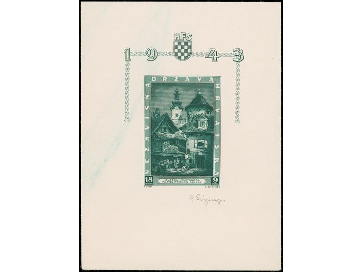 1943, 3rd. Stamp exhibition 18+9 k. souvenir sheet, imperforate colour proof in green, single print on handmade paper without