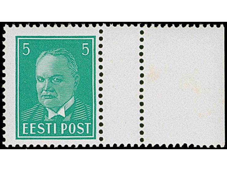 1936, Päts 5 senti, right marginal single with small perforated gutter, mint never hinged, fine, scarce and unusual, certific