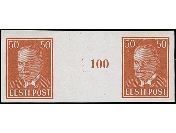 1936, Päts 50 senti, imperforated horizontal gutter pair, unused, very fine and rare, certificate Löbbering BPP (2016)&nbsp;