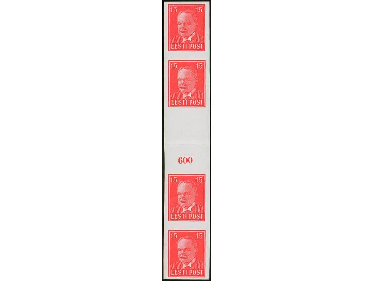1936, Päts 15 senti, imperforated proof, vertical strip of four with gutter, lower and upper stamp unused, the other mint nev