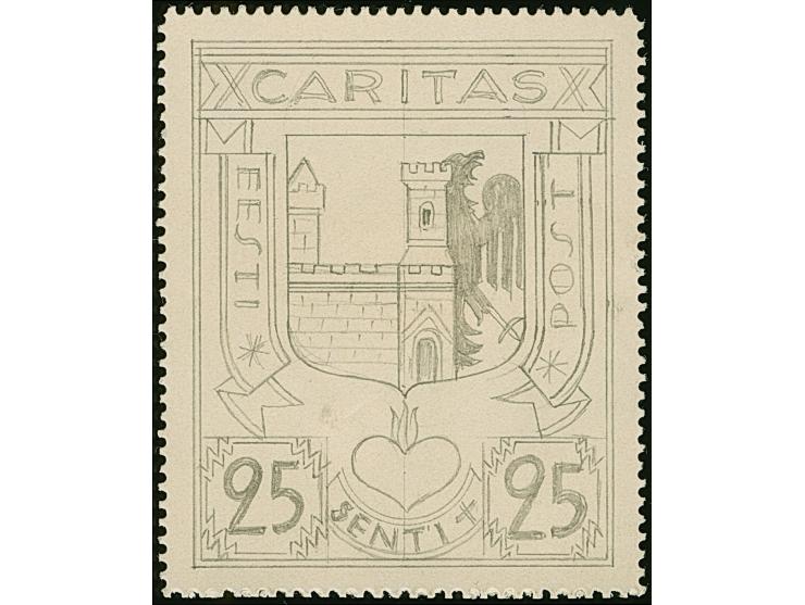 Caritas issue of 1936, 25s., pencil drawing by Axel Roosman, 42x52mm, on perforated cardboard.&nbsp;Arms of Haapsalu. Caritas