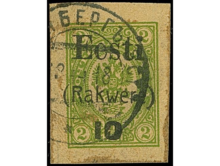 1918, 10 (kopeks) on 2 kopeks, used with clear cds. “WESENBERG 18 11 18” on small piece, fine, a rare stamp with only 173 pri