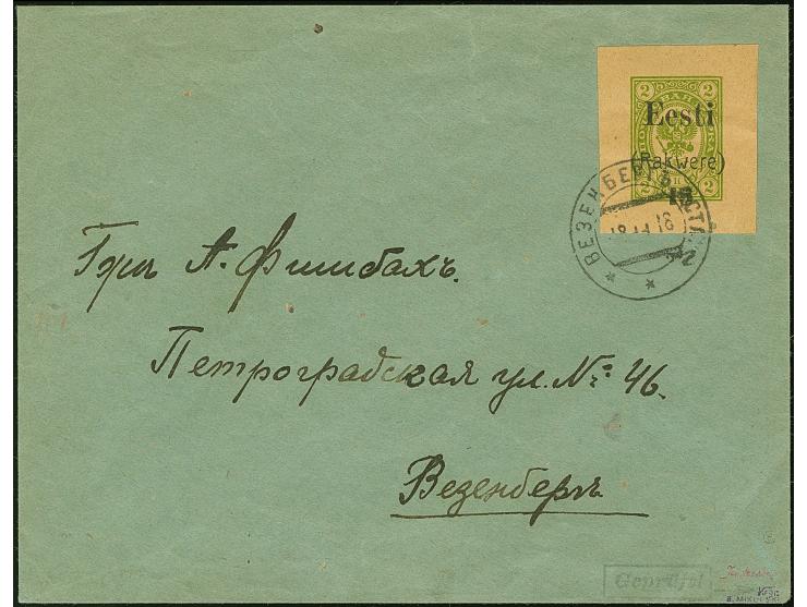 1918, 15 (kopeks) on 2 kopeks, wide margins all around, tied by cds. "WESENBERG 18 11 18" to local cover, very fine and scarc
