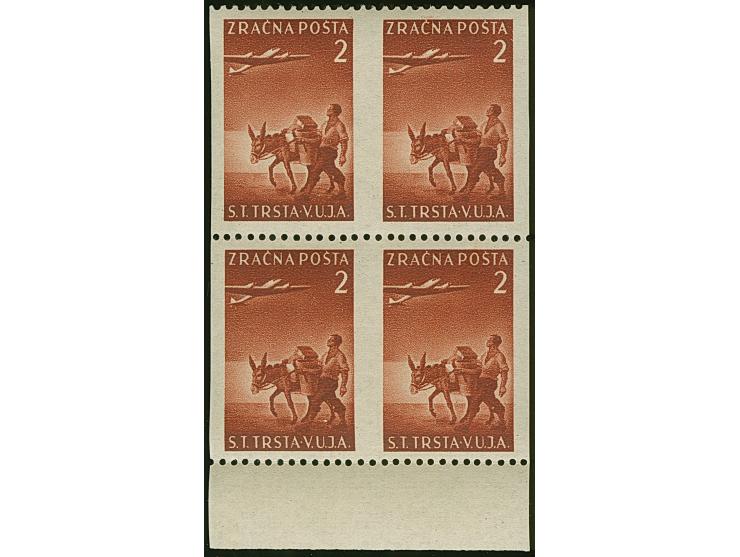 1949, airmail 2 l. red-brown, block of four with bottom sheet margin, imperforated vertically, mint never hinged, fine, signe