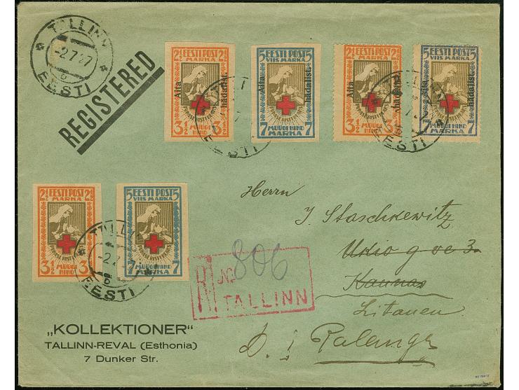 1928, Aita hädalist 2½-5 mark, imperforated and perforated with additional franking tied by cds. "TALLINN -2 7 27" to registe