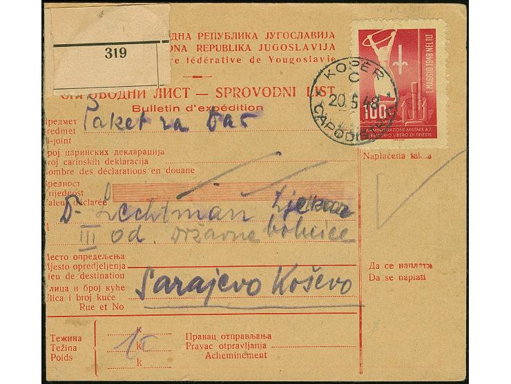1949, Labour Day 100 l. “1 MAGGIO 1948 NEL TLT” tied by cds. “KOPER CAPODISTRIA 20.5.48” to parcel card to Sarajevo, vertical