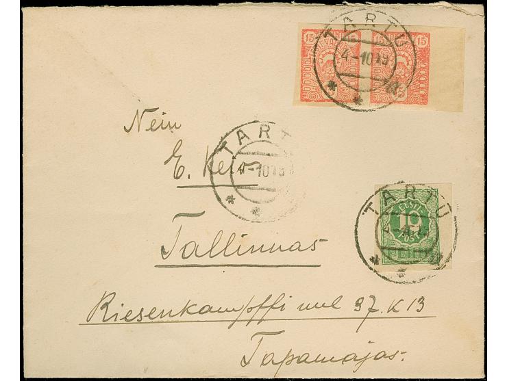 1919, Numerals 10penni green, imperforated with additional franking tied by cds. "TARTU -4 10 19" on slightly overpaid cover 