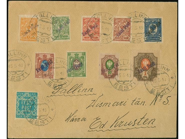 1919, 50 kopeks and 1 rubel with additional franking tied by cds. "TALLINN 15 5 19" to local cover, Estonia 15 k. with small 