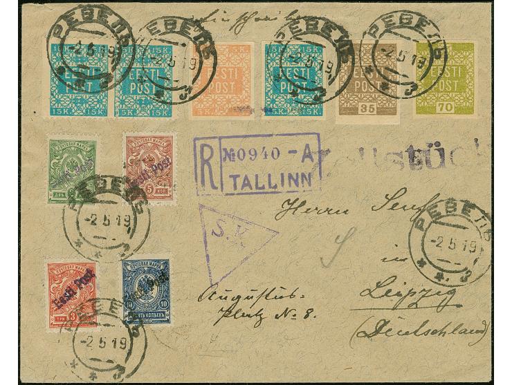 1919, 2-10 kopeks, with additional franking tied by cds. "REVAL -2 5 19" (!!) to slightly overpaid registered cover addressed