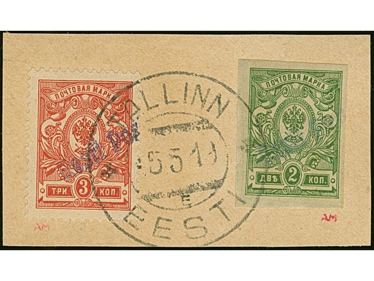 1919, 2 kopeks imperforated together with 3 kopeks perforated, tied by cds. “TALLINN 5 5 19” to small piece, very fine and ra