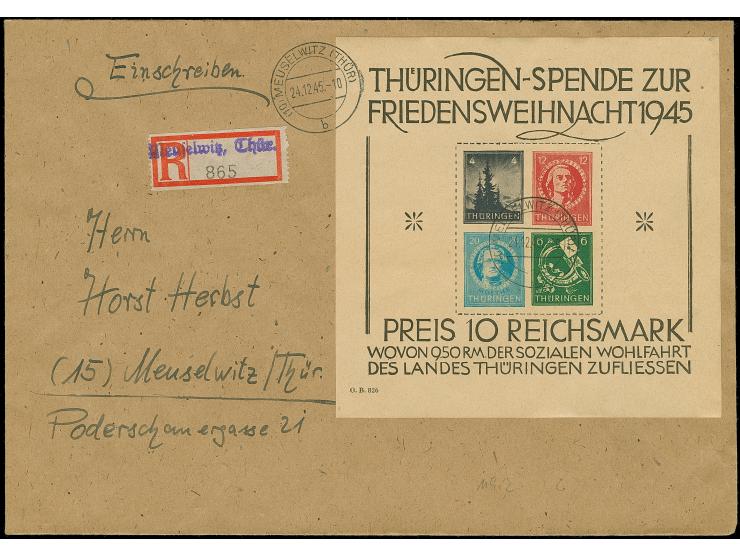 Weihnachts-Block auf dünnem Papier, mit Stempel "MEUSELWITZ (THÜR) 24.12.45" auf philatelistischem Orts-R-Brief, mit Ankunfts
