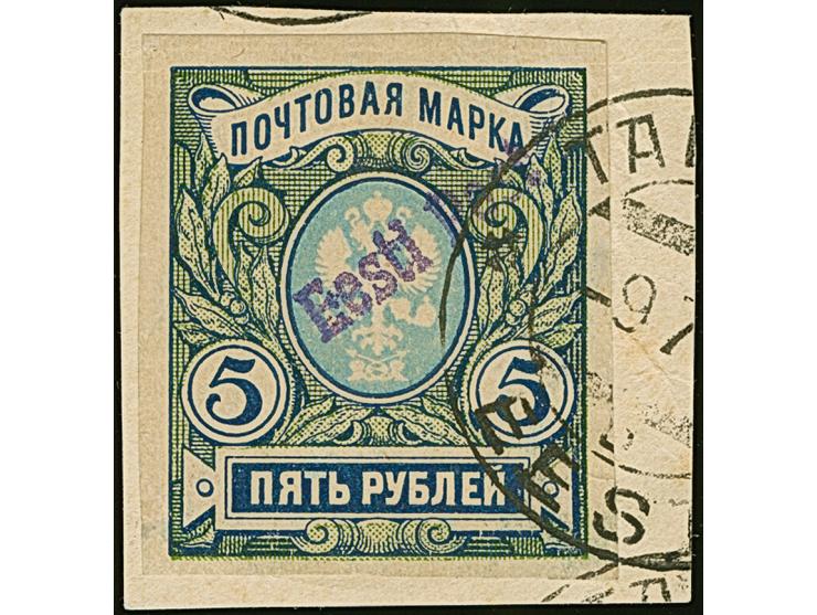 1919, 5 rubel, tied by cds. "TALLIN -9 7 (19) to small piece, very fine, a rare stamp with only 40 printed, very few of these