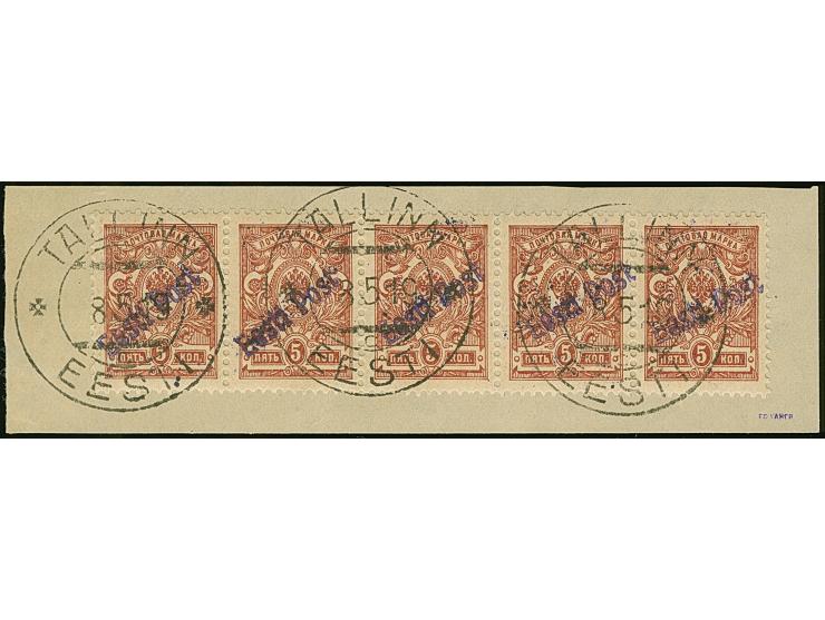 1919, 5 kopeks, horizontal strip of five, tied by cds. “TALLIN 8 5 19” to piece, very fine and attractive, a scarce multiple,
