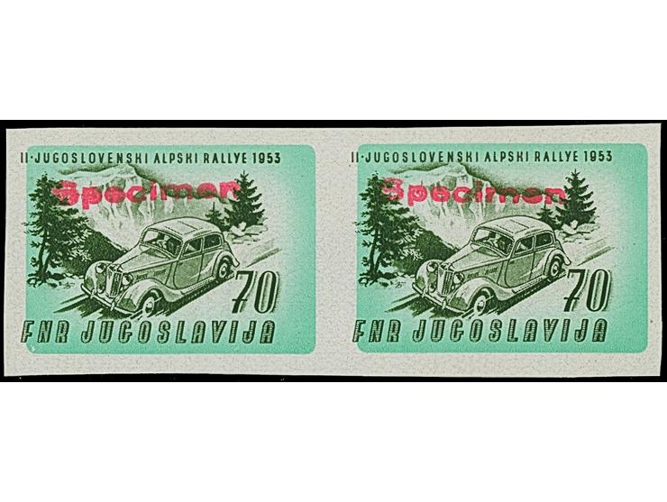 1953, Car and Motorcycle racing 15-70 din., imperforate horizontal pairs with handstamp “Specimen”, mint never hinged, fine