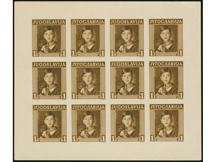 1935, King Peter II. 1 din. brown, Essay of Unaccepted Design in miniature sheet of 12, unused without gum, corner crease at 