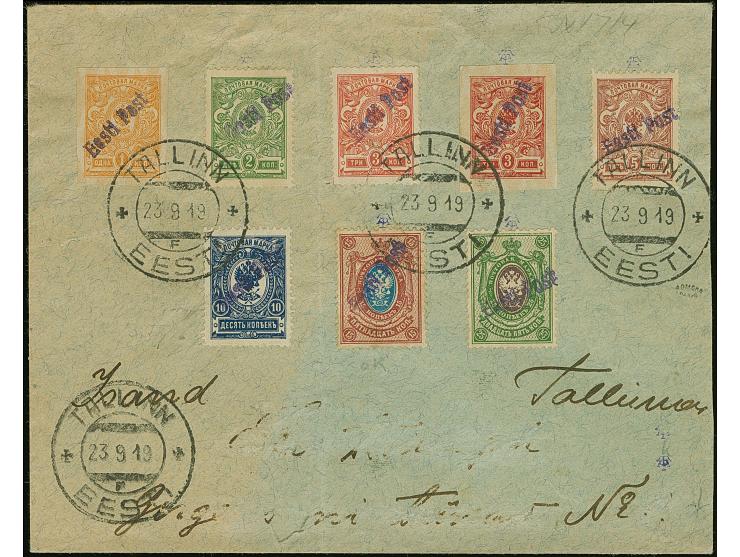 1919, 10 kopeks with violet overprint, together with additional franking, tied by cds. “TALLINN 23 9 19” to local cover, part
