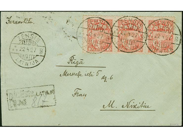 1923, Coat of arms 10 senti, Error of colour, dull pink, horizontal strip of three tied by cds. "ZEHSIS 22 4 27" to registere