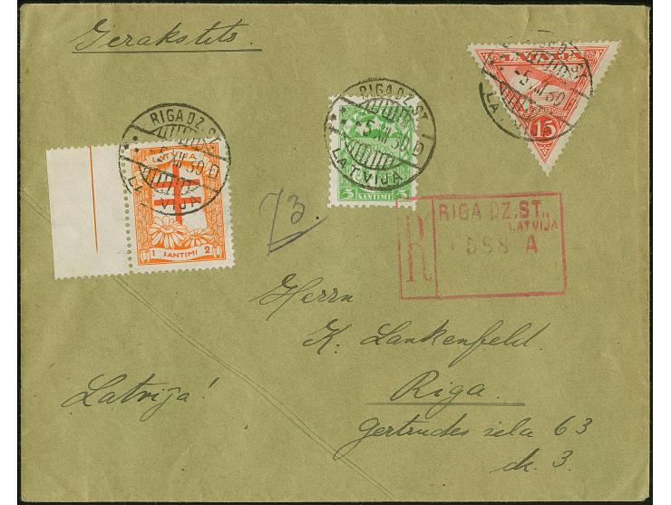 1930, Anti-Tuberculosis 1+2 senti orange/brick-red with left sheet margin, with additional franking tied by cds. "RIGA DZ. ST