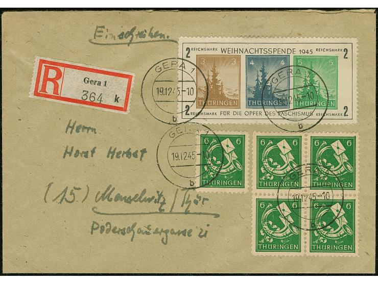 Antifa-Block auf weißem Papier mit Zufrankatur, portogerecht auf kleinem R-Brief von "GERA 1 b 19.12.45", nach Meuselwitz, mi