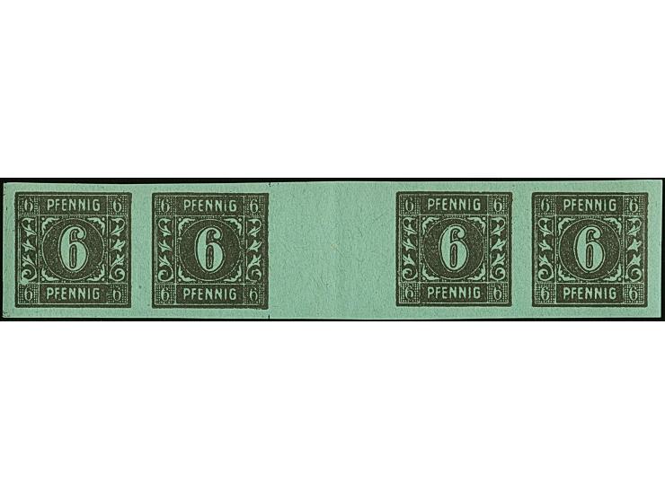 6 Pfg. auf hellblaugrün, ungezähnter Zwischensteg-Viererstreifen, postfrisch, tadellos, unsigniert