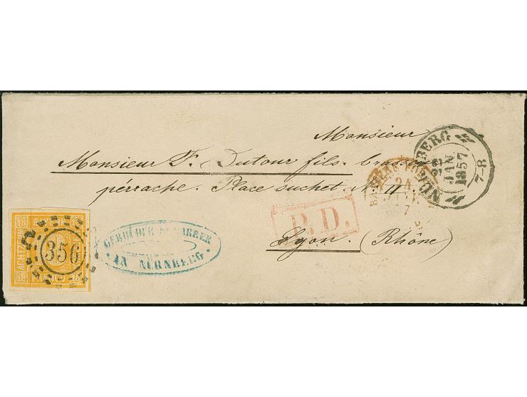 18 Kr. gelborange in leuchtend frischer Farbe, voll- bis meist breitrandig, mit klar aufgesetztem oMR "356" und nebengesetzte