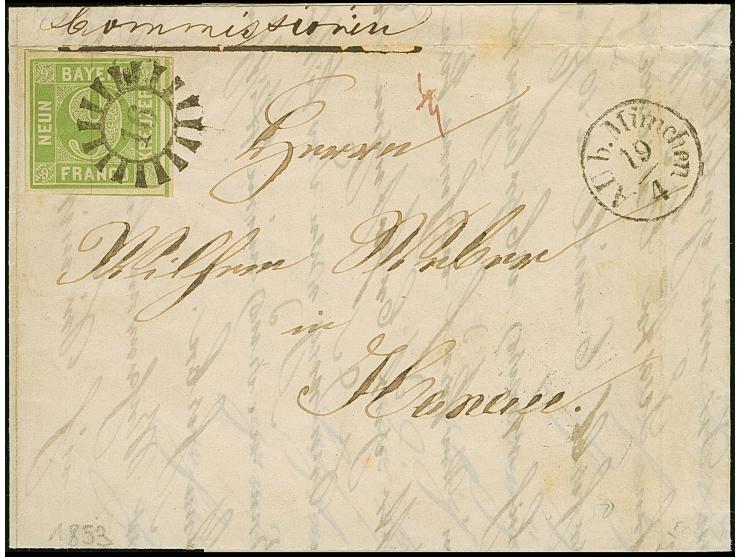 9 Kr. maigrün, farbfrisch und voll- bis meist breitrandig, mit klar aufgesetztem gMR "16" und nebengesetztem Fingerhutstempel