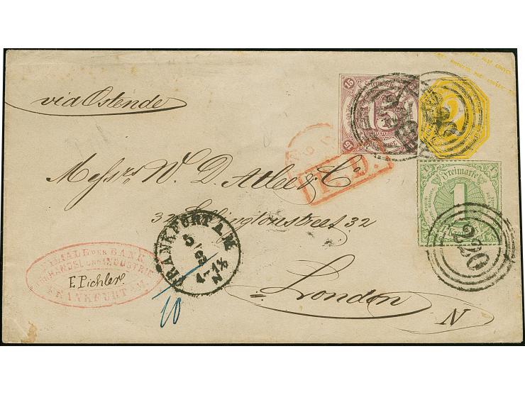 15 Kr. purpur (nur rechts leicht berührt) in Mischfrankatur mit 1866, 1 Kr. grün, mit Nr. "220" auf Umschlag 2 Kr. gelb, von 