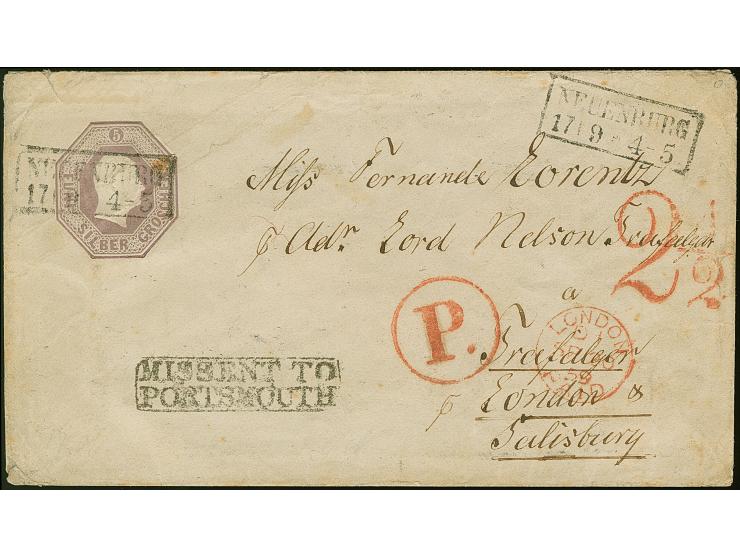 Oktogon 5 Sgr. violett mit Ra2 "NEUENBURG 17/9" (1859) an ein Mitglied des Haushaltes von Lord Nelson, nach Trafalgar House, 