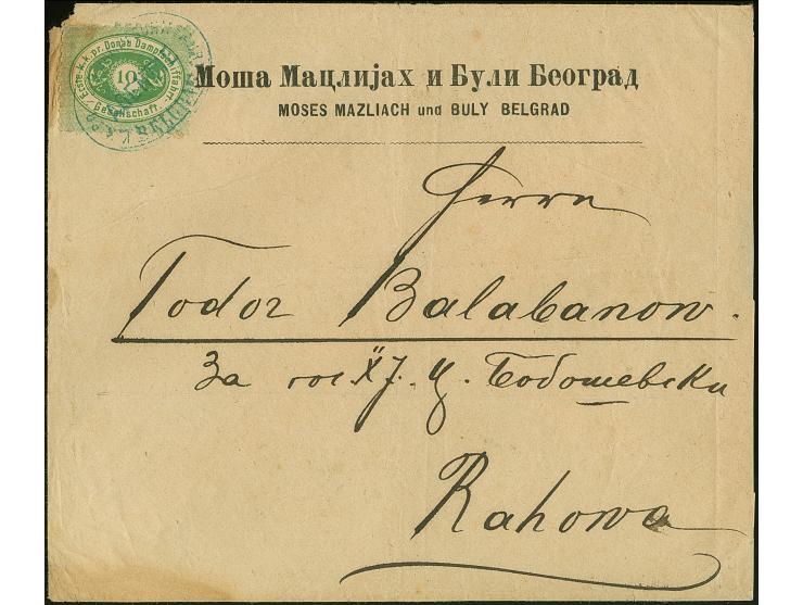 1867, 10 (Kr.) grün, Tpe I mit blauem Ovalstempel “K.K.PR.1TE D. DAMPFSCHIFFAHRT AGENTIE BELGRAD” auf Vordruckbrief nach Raho