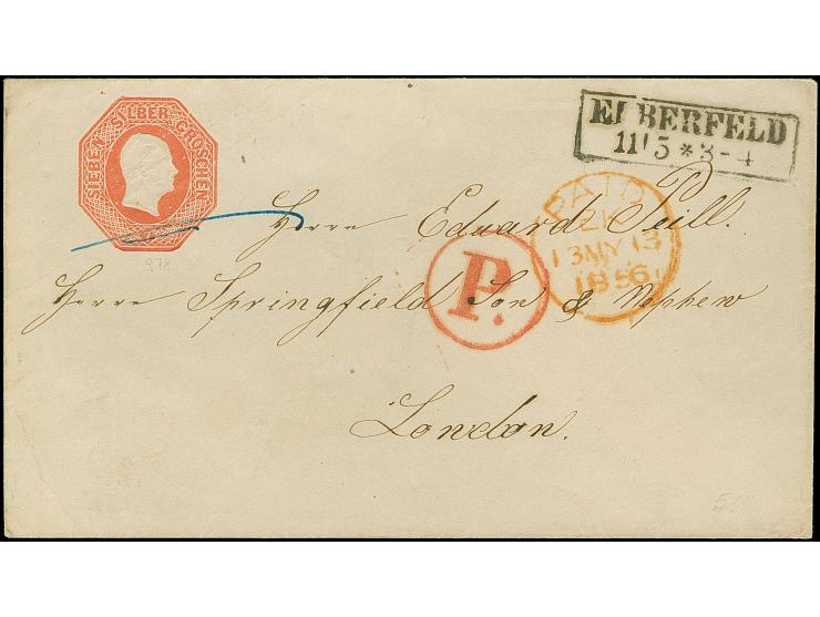 Oktogon 7 Sgr. ziegelrot im Kleinformat, Schilling-Nr. 1, mit nebengesetztem Ra2 "ELBERFELD 11/3" (1856), nach London. Sehr s