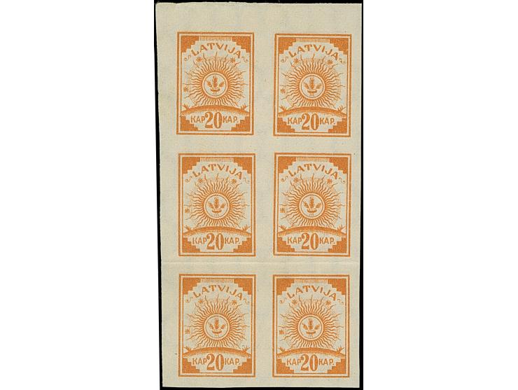 1919, Ear of corn 20 kopeks orange, block of six, printed on both sides, without gum, folded once in between stamp, fine, cer