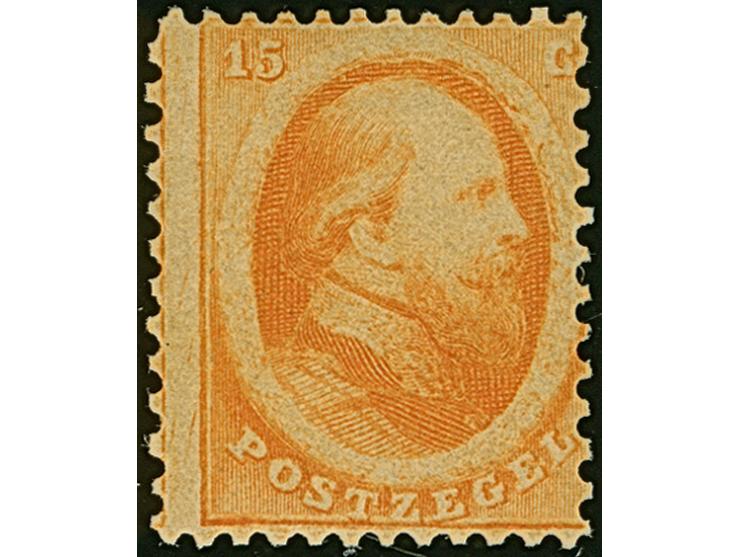 1864, King Wilhelm III. 15 c. orange, light decentered, mint never hinged, fine, unsigned with certificate Bakker (2013)