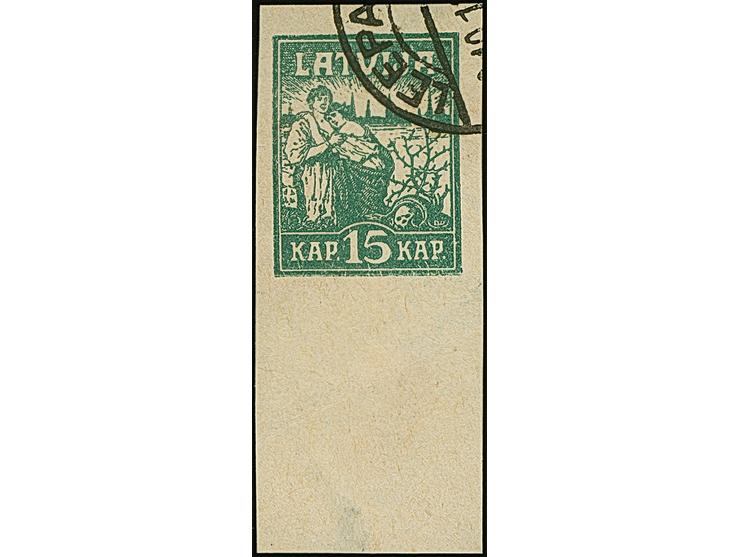 1919, Liberation of Riga 5 and 15 kopeks green, on multicolored resp. red label paper, without gum, in addition 15 kopek on m