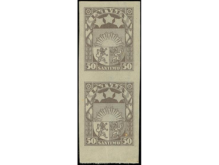 1924/25, Coat of arms 1-50 santimi, imperforated archival proofs, mostly horizontal pairs, 1 and 10 santimi as block of four,