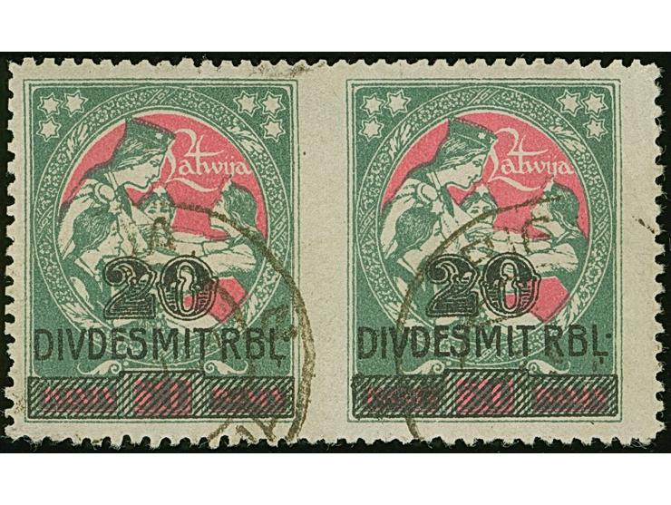 1931, 20 rubel on 50 kopeks, horizontal pair, imperforated vertically, in between the stamps, used, fine, scarce