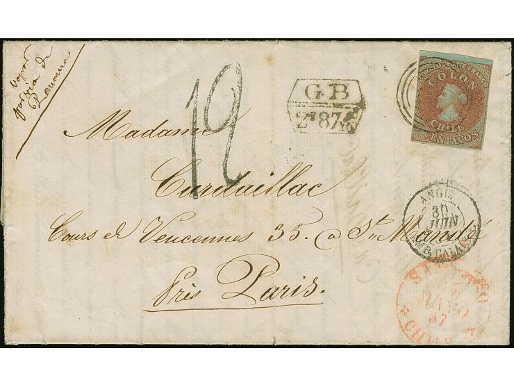 1855, 2nd London printing 5 c. red-brown on blued paper, touched at left, otherwise clear to large margins, tied by target to