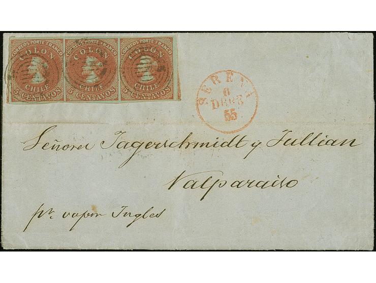 1855, 2nd London printing 5 c. red-brown on blued paper, horizontal strip of 3 with large margins, tied by target to entire l