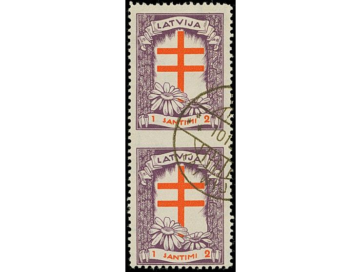 1930, Anti-Tuberculosis 1+2 santimi violett/red, vertical pair, imperforated horizontally, used, a scarce variety, especially